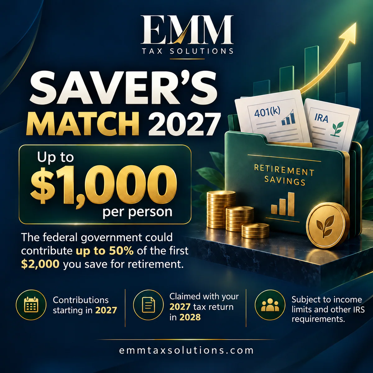 EMM Tax Solutions Saver’s Match 2027 overview